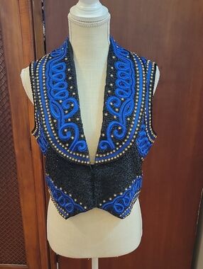 Silver Mesa | Cowgirl Show Vest Silk Beading Embroidery Royal Blue Black - Small